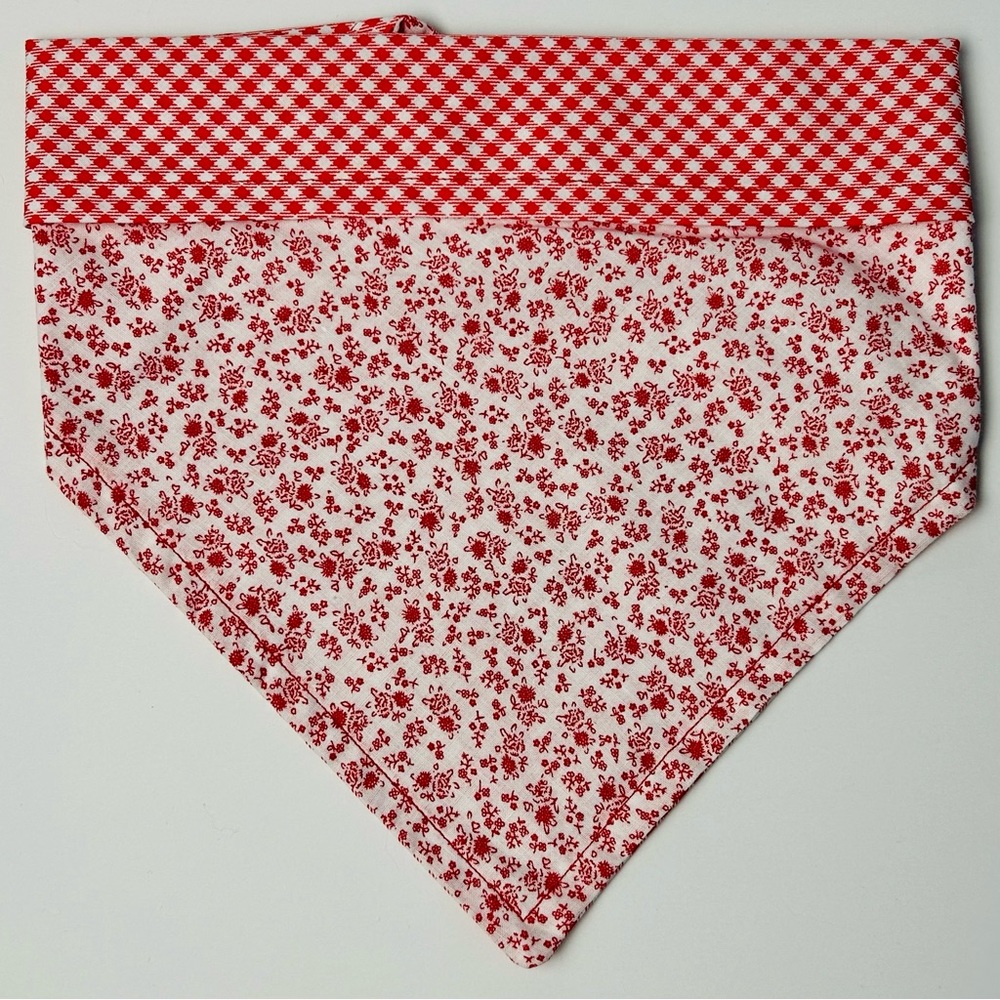 Dog Bandana Red/White Floral & Checkered Print, Reversible, Snap Button Closure